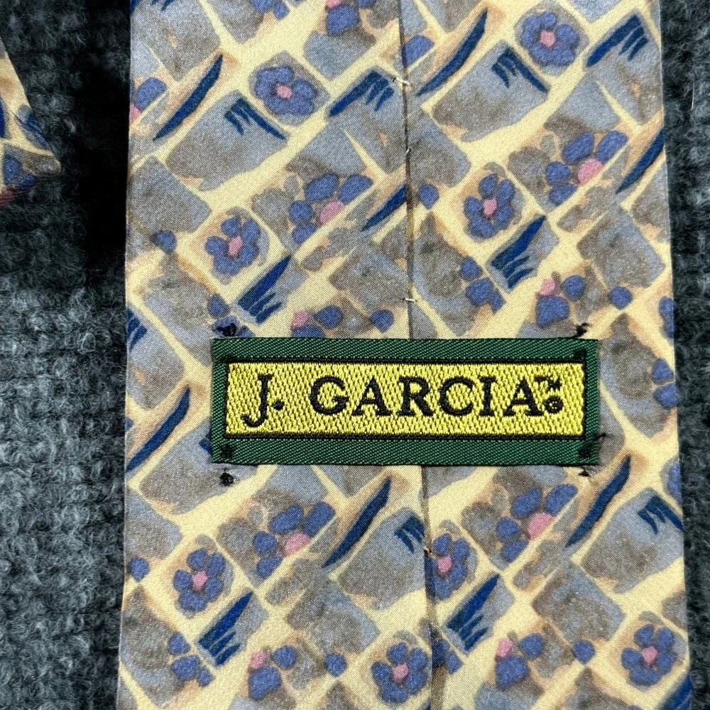 J. Garcia Mens‎ Silk Necktie Abstract Floral Geometric Yellow Blue Tie 100% Silk